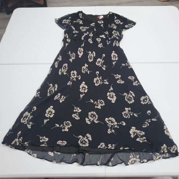 90s Y2K Fairy Grunge Dress Womens 18 Black Floral Chiffon Midi Flutter Sleeve - Picture 1 of 9